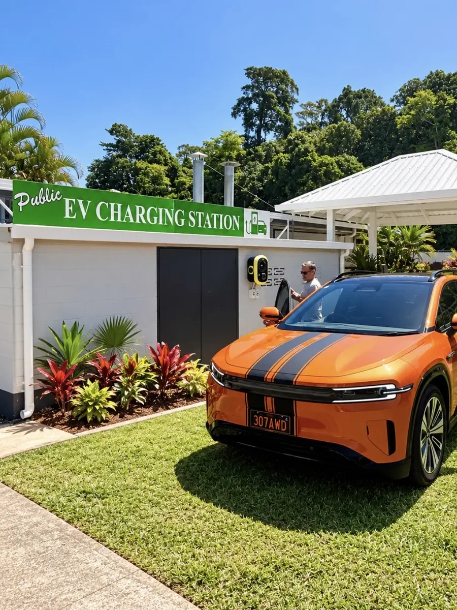 Public EV charging station with an electric car charging at Mission Beach Hideaway Holiday Village